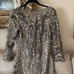 Chic Tadashi Shoji Cocktail Olive Green Gold Sequins Lace Dress